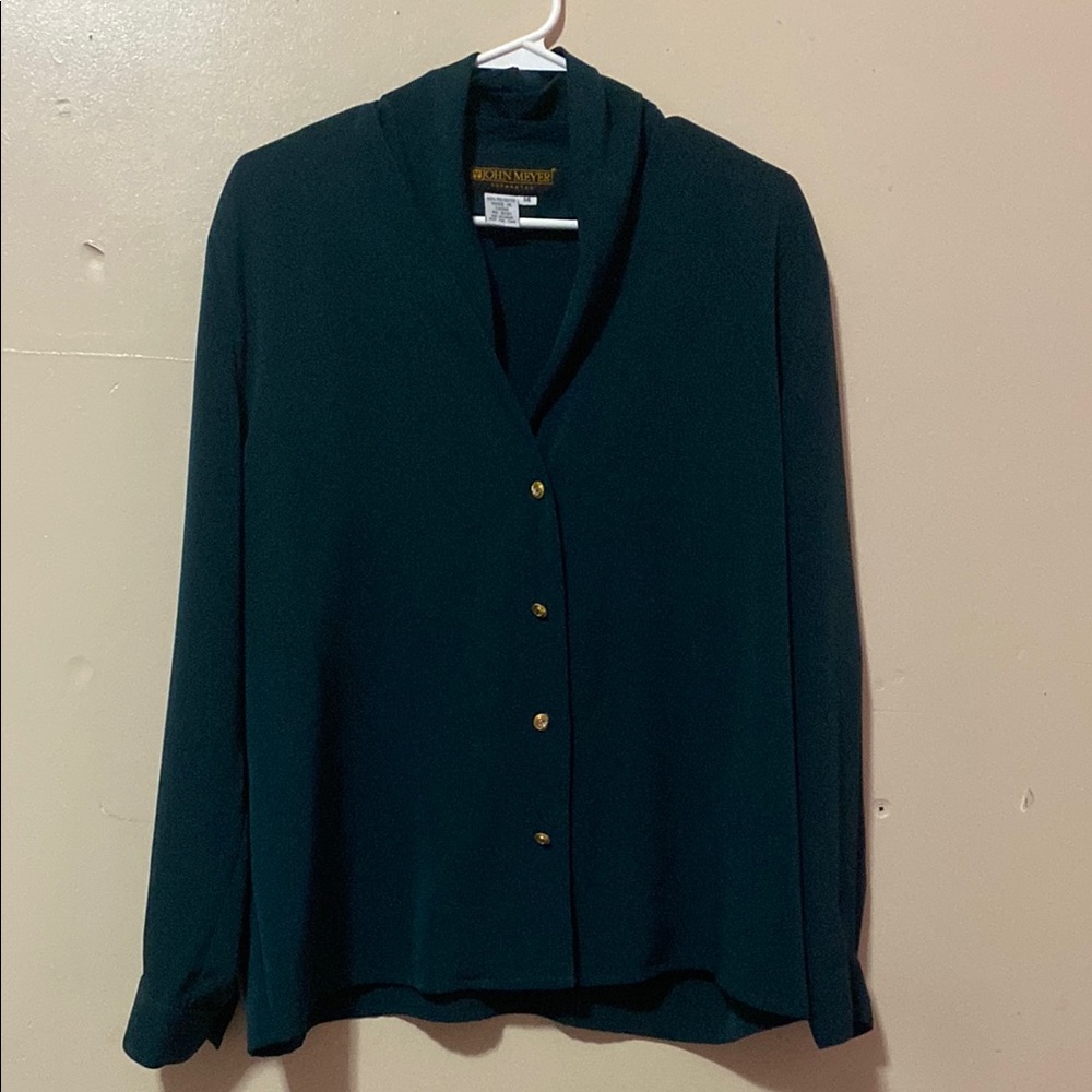 Jones New York Green Button Down Shirt with Mandarin Collar